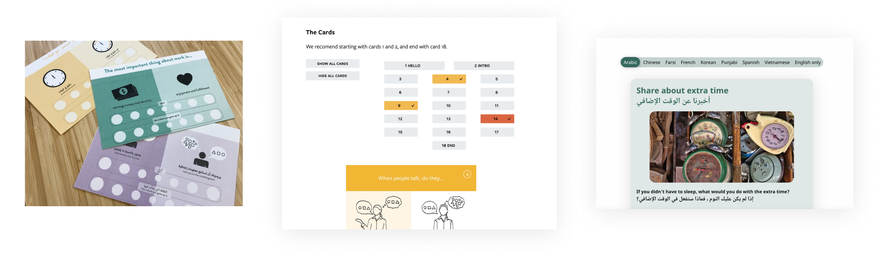 three variations on the culture cafe converstaion cards, print, the first digital version and the enhanced digital version.